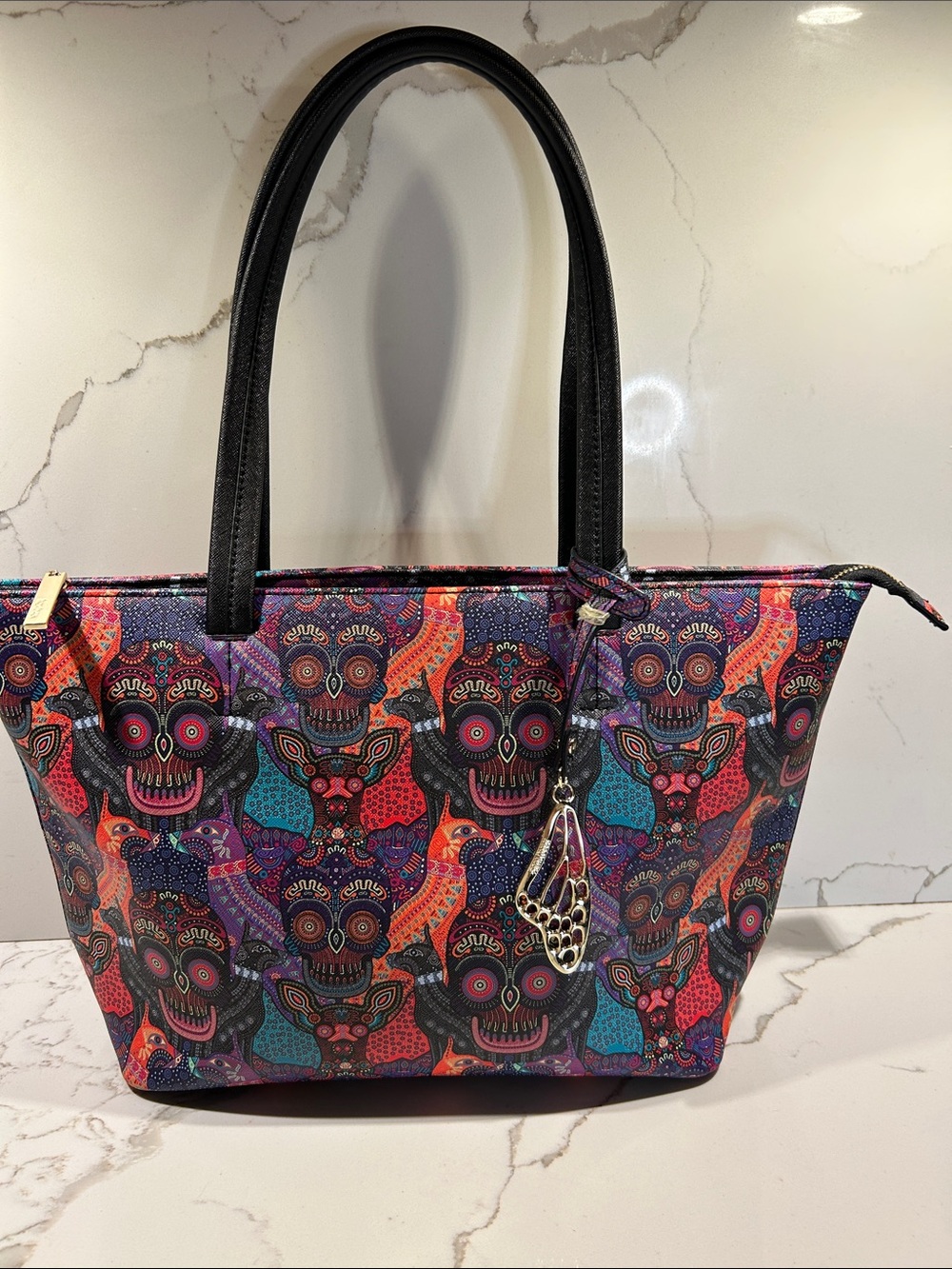 Mexican artist Pineda Covalin Sugar Skull Pattern Tote Bag with Black Handle